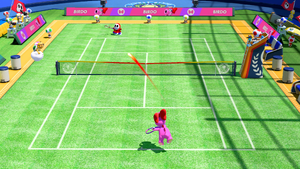 Birdo and Shy Guy in a 1-vs.-1 match in Mario Tennis Aces