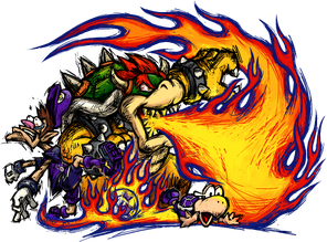 Bowser breathing fire at Waluigi and a Koopa Troopa
