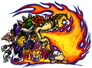Bowser breathing fire at Waluigi and a Koopa Troopa