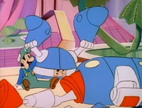 An animation error in "Robo Koopa" from The Super Mario Bros. Super Show! where Luigi appears both outside and inside the Plumbinator at once.
