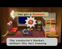 Mario getting a Blanket from Ghost T. on Excess Express of Paper Mario: The Thousand-Year Door.