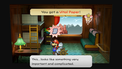 Mario getting the Vital Paper in Cabin 001 on Excess Express of Paper Mario: The Thousand-Year Door for Nintendo Switch.