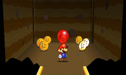 Mario near the Balloon Thing surrounded by 7 Five Coins in Holey Thicket of Paper Mario: Sticker Star.