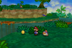 Mario finding a Coin from a bush in Jade Jungle of Paper Mario.