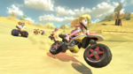 A pre-release screenshot of Peach racing on a bike surrounded by the other characters