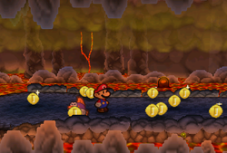 Mario finding 10 Coins after jumping over fourth firebar in Mt. Lavalava of Paper Mario.