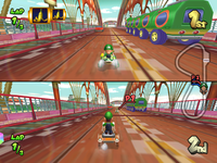 The Wiggler Wagon at Mushroom Bridge in a multiplayer race.
