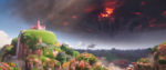 Landscape shot of the Mushroom Kingdom with Bowser approaching