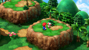 Toad giving Mario a Flower Tab in the Mushroom Way of Super Mario RPG.