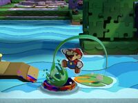 Mario entering a barrel raft while swinging an invisible paint hammer.