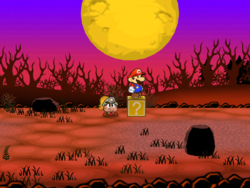 Screenshot of Mario at a hidden ? Block location in Twilight Trail, in Paper Mario: The Thousand-Year Door.