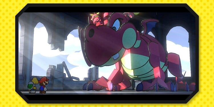 Image of Mario and Koops encountering Hooktail shown with the fifth question of the Paper Mario Personality Quiz.