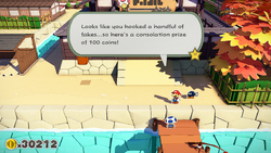 Mario being given 100 Coins by a Toad in charge of the fishing spot in Shogun Studios of The Origami King.