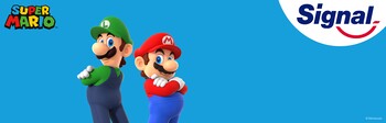 Hero image from Unilever's Signal website used to promote the line of children's toothpaste and toothbrushes featuring Super Mario characters. Pictured from left to right are the Super Mario logo, Luigi, Mario, and the Signal logo.