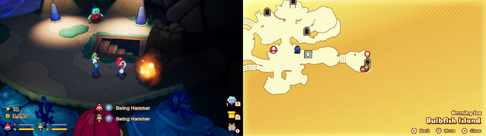 Mario and Luigi near a Sprite Bulb Nest on Bulbfish Island of Mario & Luigi: Brothership.