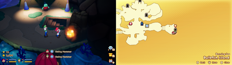 Mario and Luigi near a Sprite Bulb Nest on Bulbfish Island of Mario & Luigi: Brothership.