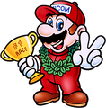 Mario with a victory lei and trophy
