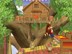 A screenshot of Mario and Donkey Kong in the Mario Party 7 minigame, Jump, Man