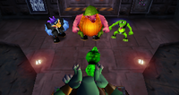King K. Rool orders three of his henchmen (Kasplat, Klump, and Kritter) to steal Donkey Kong's Golden Bananas during the intro cutscene for Donkey Kong 64