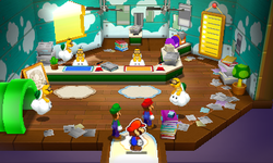 Mario, Luigi, and Paper Mario talking to Lakitu in a Lakitu Info Center in Mario & Luigi: Paper Jam