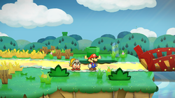 Mario near the bushes containing Coins in the western part of Petal Meadows of Paper Mario: The Thousand-Year Door for Nintendo Switch.