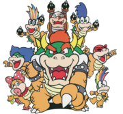 Bowser and the Koopalings introducing themselves to Mario and Yoshi in Super Mario Story Quiz Picture Book 2: Mario's Sports Day (「スーパーマリオおはなしクイズえほん 2 マリオの うんどうかい」).