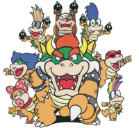 Bowser and the Koopalings introducing themselves to Mario and Yoshi in Super Mario Story Quiz Picture Book 2: Mario's Sports Day (「スーパーマリオおはなしクイズえほん 2 マリオの うんどうかい」).