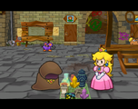 Princess Peach meeting up with a mysterious merchant.