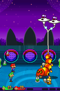 Mario, Luigi, Baby Mario and Baby Luigi battling Swiggler with two Shroob saucers and two Dr. Shroob guards.