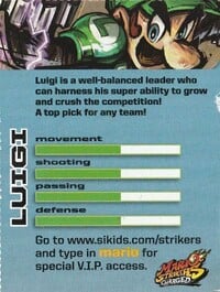 Mario Strikers Charged trading card featuring Luigi (back). Taken from Nintendo Power