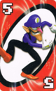 The Red Five card from the Nintendo UNO deck (featuring Waluigi)