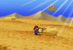 Image of Mario revealing a hidden ? Block in Dry Dry Desert, in Paper Mario.