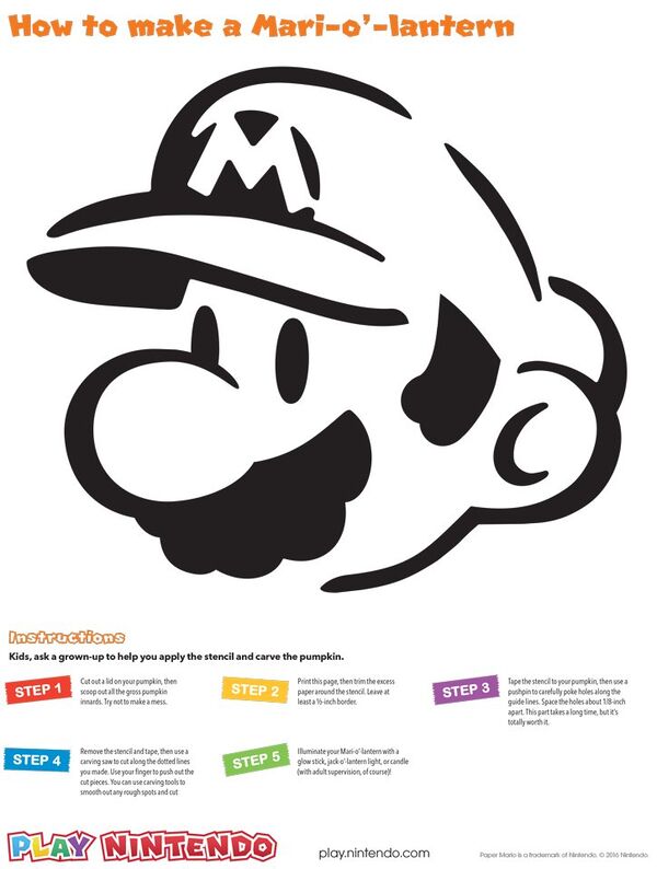 Printable jack-o'-lantern stencil depicting Mario as he appears in the Paper Mario series