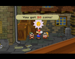 Mario getting 20 Coins from McGoomba in Rogueport of Paper Mario: The Thousand-Year Door.