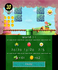 Smiley Flower 4: The fourth Smiley Flower is found in an area accessed via an upward pipe after the Checkpoint Ring and a Piranha Plant. Yoshi must break through Rock Blocks and hit the Winged Cloud on the right to obtain the Smiley Flower.