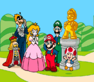 Ōsama (the king of Subcon) and his commander, with Princess Peach, Luigi, Mario, Toad, and a golden statue presented to the heroes by the king as thanks for saving his kingdom.