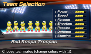 Red Koopa Troopa's stats in the soccer portion of Mario Sports Superstars