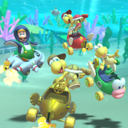 Penguin Luigi, Red Koopa (Freerunning), Gold Koopa (Freerunning), and Koopa Troopa tricking in Mario Kart Tour