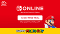 Promotional banner for a 14-Day Free Trial for Nintendo Switch Online during Mario Day 2024