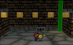 Image of Mario revealing several hidden ? Blocks in Toad Town Tunnels, in Paper Mario.