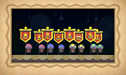 Screenshot of all eight Super Flags during the credits of Paper Mario: Sticker Star.