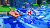 Mario catching a Cheep Cheep in Paper Mario: The Origami King
