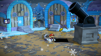 Mario getting the Star Piece under the hidden panel to the left of the cannon in Fahr Outpost in the remake of the Paper Mario: The Thousand-Year Door for the Nintendo Switch.