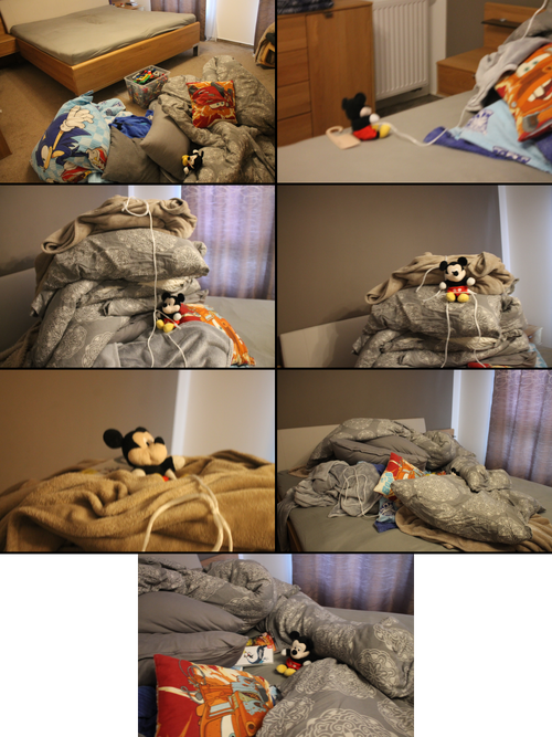 Seven photographs are shown in comic format, arranged left to right, top to bottom. The first shows Mickey Mouse throwing a bed sheet/blanket up to a bed. In the second, Mickey is starting to climb a hill of full of bed sheets/blankets with a rope. In the third, Mickey climbs into the middle. The fourth shows Mickey is almost top. The fifth shows Mickey is at the top of of the bed hill. The sixth shows the hill falling off the bed, with Micky going with it. In the sixth and final photo, Mickey is in the pile of sheets/blankets after the fall and maybe Mickey is injured and he must go to the hospital.