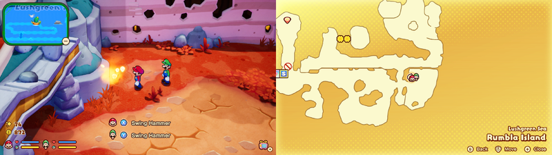 Mario and Luigi near a Sprite Bulb Nest on Rumbla Island of Mario & Luigi: Brothership.