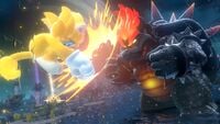 Giga Cat Mario fighting Fury Bowser in Super Mario 3D World + Bowser's Fury.