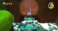 Mario and Fluzzard fly into the first Green Star of Wild Glide Galaxy in Super Mario Galaxy 2.