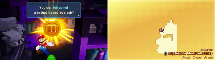Mario holding a 100-Coin found in the cupboard in the Extension Corps laboratory on Slippenglide Island of Mario & Luigi: Brothership.