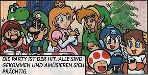 Scene from the comic Super Mario: Die Bescherung with the following characters: Mario, Luigi, Peach, Toad, Yoshi, Link, Pit, and Megaman.