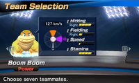 Boom Boom's stats in the baseball portion of Mario Sports Superstars